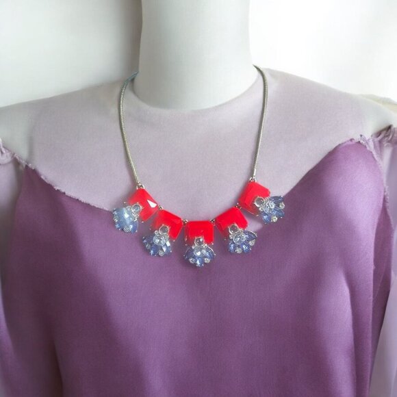 Gold Red Blue Statement Necklace Crystal Flower Bib Adjustable Glam Party Chic - Picture 1 of 6